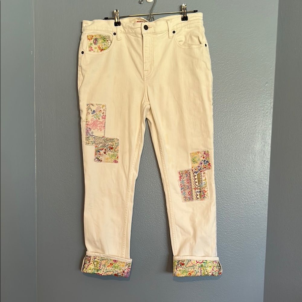 Johnny Was White Ankle Cropped Jeans with Patchwork